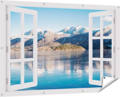 Gards Tuinposter Doorkijk Meer bij het Bergen Landschap in Noorwegen - 150x100 cm - Tuindoek - Tuindecoratie - Wanddecoratie buiten - Tuinschilderij