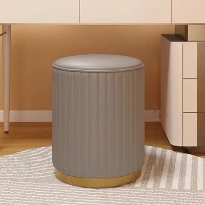 Ronde Opbergpoef - Voetenbank Kruk - Opbergen Woonkamer - Vergulde Basis - 33x33x42 cm - Leer Grijs