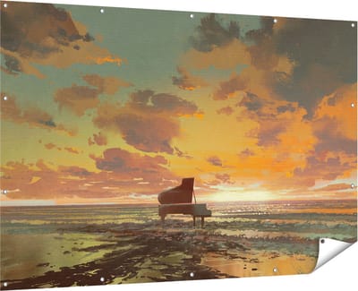 Gards Tuinposter Piano op het Strand bij Zonsondergang - 180x120 cm - Tuindoek - Tuindecoratie - Wanddecoratie buiten - Tuinschilderij