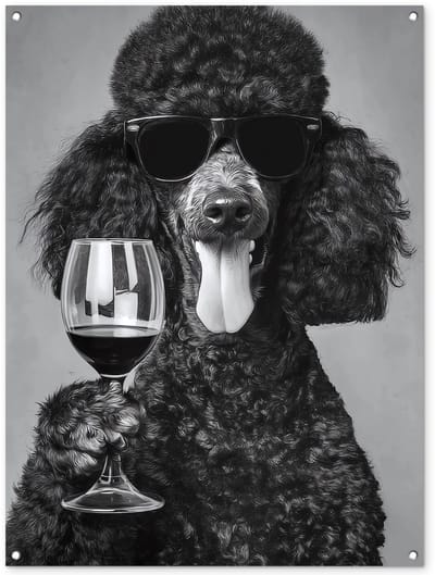 Tuinposter 90x120 cm - Tuindecoratie Hond - Krullen - Zonnebril - Wijn - Poster voor in de tuin - Buiten decoratie - Schutting tuinschilderij - Tuindoek muurdecoratie - Wanddecoratie balkondoek