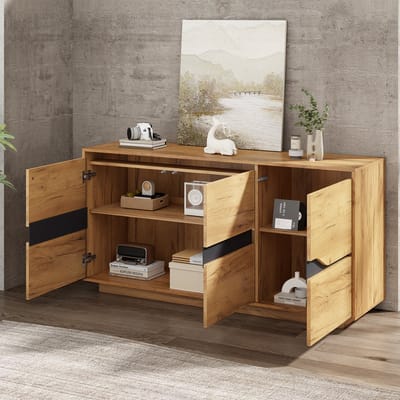STILVORA Dressoir - 3 Deuren Met Verstelbare Vakken - Organisatie Voor Woonkamer En Eetkamer - Spaanplaat - Eiken;Zwart - 140x40x70 Cm