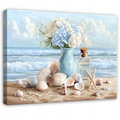 WALLARENA - Schilderij op canvas - 100x70 cm - abstracte bloemenvaas aan zee - bloemen wanddecoratie voor woonkamer en slaapkamer