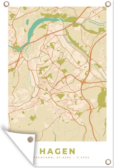 Muurdecoratie Plattegrond - Hagen - Stadskaart - Vintage - Kaart - 120x180 cm - Tuinposter - Tuindoek