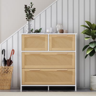 Komhtom Hoogwaardige rotan kast met 4 laden en handgrepen van massief hout - Geschikt voor de slaapkamer, woonkamer, eetkamer, gang - Afmetingen: L80/H80/D38 cm