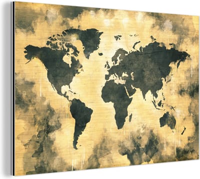 Wanddecoratie Metaal - Aluminium Schilderij Industrieel - Wereldkaart - Zwart - Bruin - 120x80 cm - Dibond - Foto op aluminium - Industriële muurdecoratie - Voor de woonkamer/slaapkamer