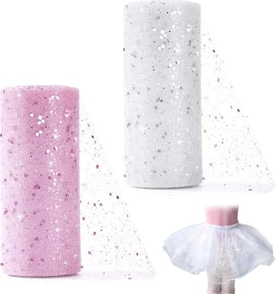 Prachtige Glinsterende Tule Stof met Pailletten - Tulerol Perfect voor Bruiloft Decoraties - Geschenkverpakkingen - Kleding (Roze + Wit, 2 Stuks)