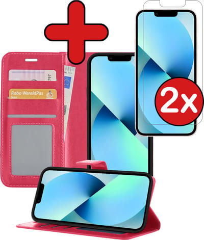 Hoesje - Met 2x Screenprotector - Geschikt voor Apple iPhone 14 Plus - Luxe Pasjeshouder - Flip Case - Bookcase Portemonee - Kunstleer Book Case - Flipcase Hoes - Book Cover - Walletcase - Portemonneehoes - Telefoonhoes - Donkerroze
