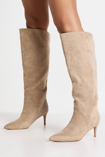 boohoo Dames Wijde Pasvorm Faux Suede Gebogen Knielaarzen | Taupe | Maat: 39
