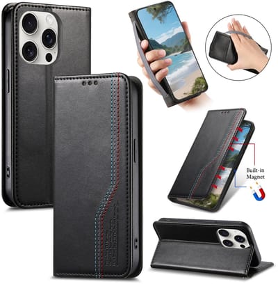 Praktische en Stijlvolle PU Leren Portemonnee Hoes voor iPhone 16 Pro _ Zwart