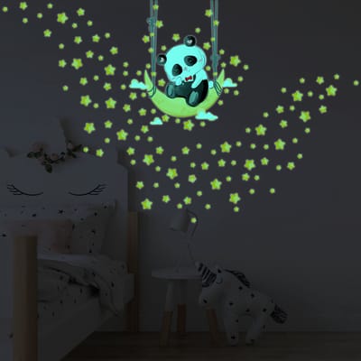 Lichtgevende sticker - PANDA MAAN SCHOMMEL EN 130 STERREN - Muur-/plafondsticker voor kinderen - 100x80cm
