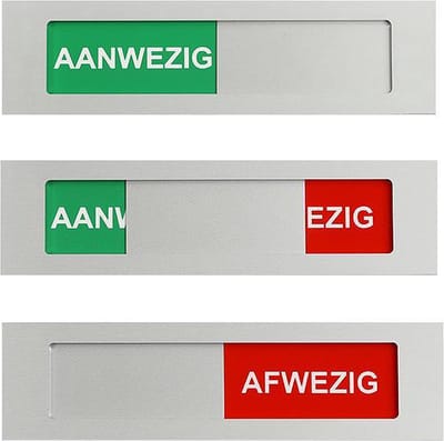 Schuifbordje Aanwezig - Afwezig Aluminium -130 mm x 35 mm - 4 mm dik dus geen blok op je deur - Bevestiging dubbelzijdige plakstrip - Promessa-Design.