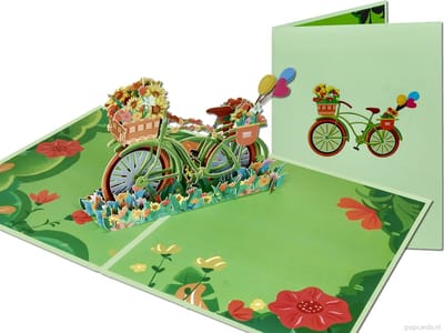 Popcards pop-up kaart – Stoere Fiets vol met Bloemen en Ballonnen Verjaardag Jarig Moederdag Gefeliciteerd Felicitatiekaart pop-up wenskaart 3D kaart