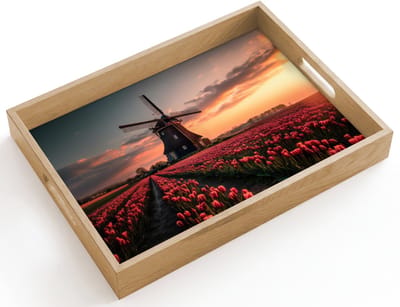 Dienblad hout 40x30 cm - Schootdienblad - Molen - Zonsondergang - Tulpen - Rood - Borrelplank rechthoek - Plateau dienbladen
