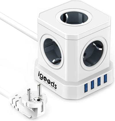 Igoods Kubus Stekkerdoos met Schakelaar - 4 USB Poorten - 5 Stopcontacten - Wit