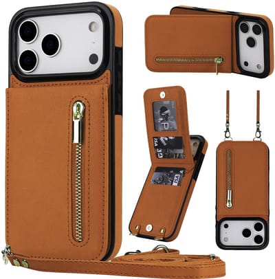 Multimedia & Accessoires Stijlvolle Leren Fashion Backcover Case Hoesje met Koord, Stand Ritsvak en Pasjeshouders geschikt voor Apple iPhone 17 Pro Max - Bruin