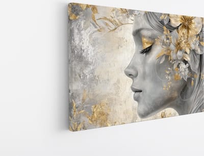 Saammp - Canvas Schilderij - Vrouw met wit en goude bloemen - Abstract - 30x20 - Foto op canvas - Wanddecoratie - Muurdecoratie Woonkamer - Slaapkamer decoratie - Canvas Print