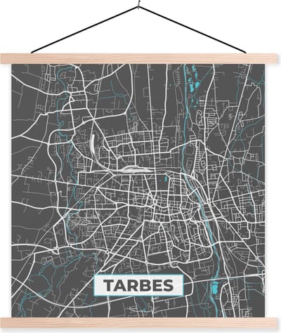 Posterhanger incl. Poster 40x40 cm - Schoolplaat - Plattegrond - Tarbes - Frankrijk - Kaart - Stadskaart - Textielposter - Blanke latten - Stadskaart