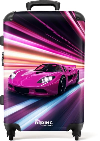 NoBoringSuitcases.com® - Kinderkoffer meisje - Kindertrolley meisjes - Roze raceauto flitst door neonlicht - Koffer kind groot - Rolkoffer lichtgewicht - Reiskoffer met 4 wielen - Grote trolley XL - 20 kg bagage