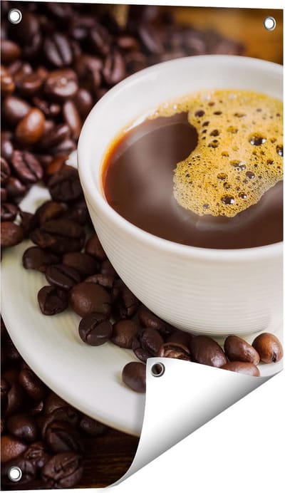 Gards Tuinposter Kopje Koffie met Koffiebonen - 40x60 cm - Tuindoek - Tuindecoratie - Wanddecoratie buiten - Tuinschilderij
