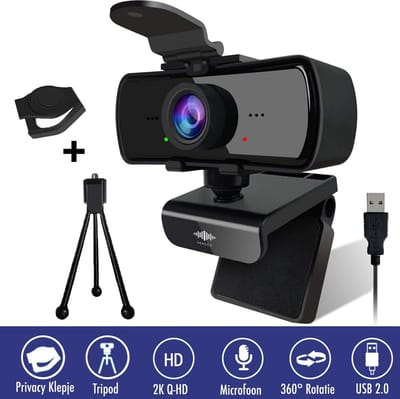 DynaBright Webcam met Ruisvrije Microfoon - Webcam Cover en Tripod - HD Pro Webcam - 4MP - 2560x1440 - Webcam voor PC - Webcam voor Computer