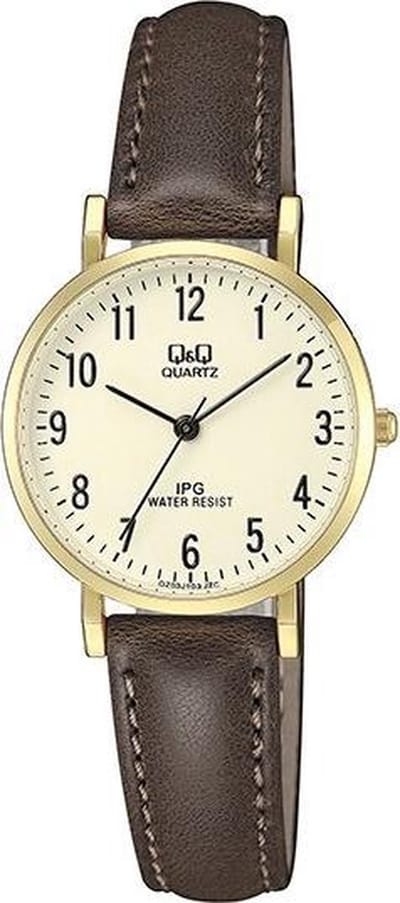 Q&Q QZ03J103Y - Horloge - Analoog - Vrouwen - Dames - Leren band - Rond - Metaal - Cijfers - Bruin - Goudkleurig - Crème - 3ATM