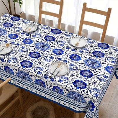 Blauw Witte Bloemige Bladeren Rechthoekige Tafelkleed Feestdecoratie Blauwe Geometrische Bloemen Gedrukt Tafelkleed Keukentafel Decor 100x145cm