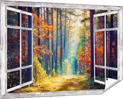 Gards Tuinposter Doorkijk Herfstbos met Zonneschijn - Kleur - 150x100 cm - Tuindoek - Tuindecoratie - Wanddecoratie buiten - Tuinschilderij