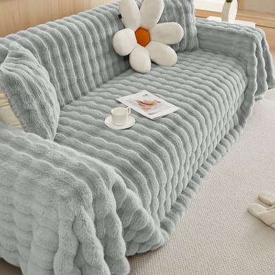 Qelus Bankhoes - 1-delige Pluizige Sofahoes – Zachte Konijnenbont Stijl – Dikke Bankhoes voor Stoelen, Banken of Bed – Warm Winterhoes voor Woonkamer & Slaapkamer (L180* B180cm) - Grijs