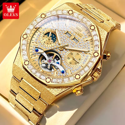 HO-9805.g : Olevs goudkl frosted Luxe Tourbillon Automatische Mechanische edelstaal Heren Horloge, 30mtr Waterdicht, Diamantzirkonia's