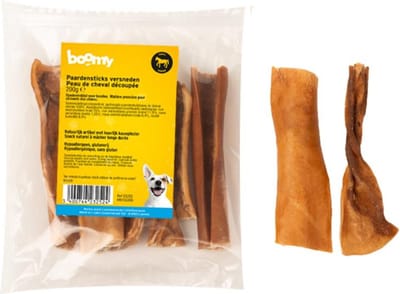 Boomy - Natuurlijke hondensnacks - Gedroogde hondensnacks - Harde hauwsnack - Kauwstaaf hond - Paardensticks versneden - 200g