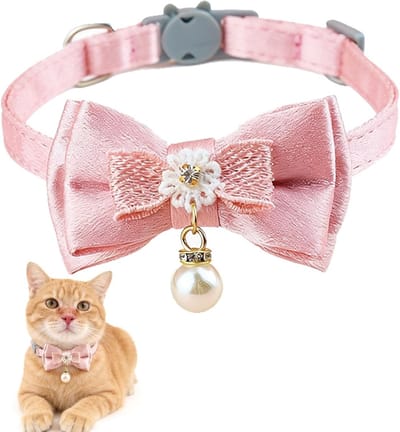 Verstelbare Kattenhalsband met Veilige Sluiting, Roze Halsband met Parelhanger en Strik, Schattige Halsband voor Vrouwelijke Katten, Veiligheid, Comfort en Stijl