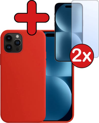 Hoesje - Met 2x Screenprotector - Geschikt voor Apple iPhone 15 Pro - Sterk & Shockproof - Telefoon Hoes - Back Cover - Siliconen Case - Telefoonhoes - Rood