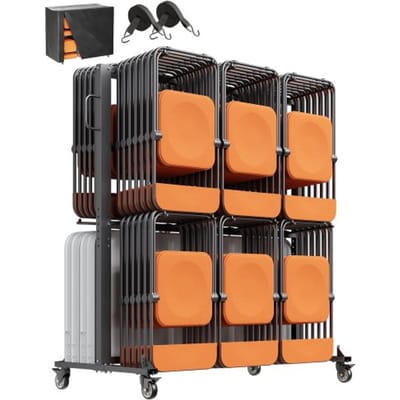 VEVOR Opvouwbare Stoelstandaard, Draagvermogen 361 kg, Stoelenkar voor 84 stoelen/12 tafels, Dubbellaagse stoelopslagkar met rubberen wielen en houders, Grote stoelhouder, Matzwart