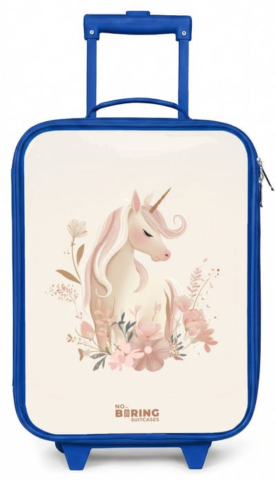 NoBoringSuitcases.com® - Kinderkoffer blauw - Kindertrolley jongen - Eenhoorn tussen bloemen in roze pastel kleuren - Koffer kind lichtgewicht - Reiskoffer trolley voor kinderen - Koffertje met lichtgevende wieltjes - Rolkoffer