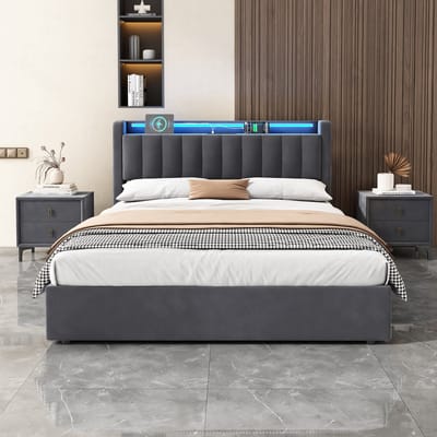 STILVORA Gestoffeerd Bed 140x200 - LED Bed Tweepersoonsbed met Opbergruimte - Fluweel - Donkergrijs