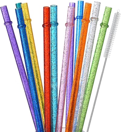 Thijox - 12-pack herbruikbare glitter kunststof rietjes 27,9 cm met reinigingsborstel - Doorzichtige Tumbler-drinkrietjes in 12 kleuren voor feest, tu