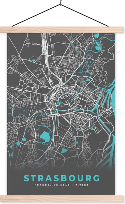 Posterhanger incl. Poster 40x60 cm - Schoolplaat - Strasbourg - Frankrijk - Plattegrond - Kaart - Stadskaart - Textielposter - Blanke latten - Stadskaart