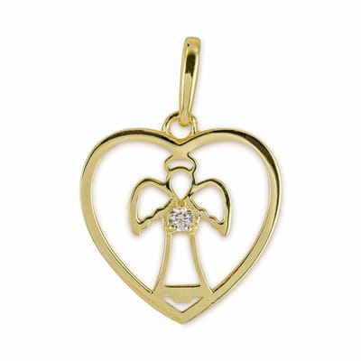 New Bling 9NBSAM-G210487 – 14 Karaat Gouden Hanger Dames – Engel in Hart – Beschermengel – Zirkonia – 12 x 12 mm