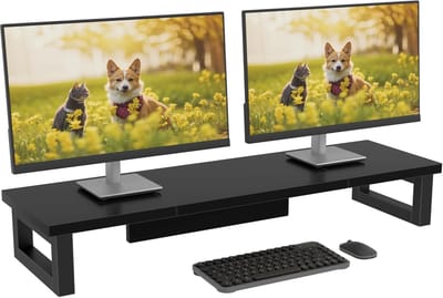 Famanu – Set van 2 metalen monitorstandaards, verstelbaar en praktisch, geschikt voor laptop of printer, zwart