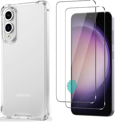 Casemania Hoesje & Glas Geschikt voor Samsung Galaxy S25 Edge - Transparant - Anti Shock Back Cover - 2X Glazen Screenprotector - Vingerafdruk-ID Compatibel