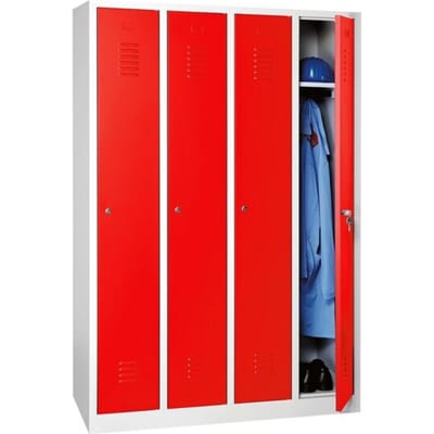 Kledinglocker - stalen - B 1170 x H 1800 mm - 4 deuren - cilinderslot - lichtgrijs en rood