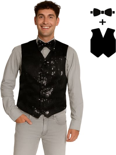 Partychimp Verkleed Gilet en Strik met Pailletten voor Volwassenen Carnavalskleding Heren Foute Party Verkleedkleding Glitter en Glamour Pailletten vest met Strik Man - Polyester - Zwart - 2-Delig Gilet/Vlinderstrik - Maat S