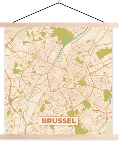 Posterhanger incl. Poster 40x40 cm - Schoolplaat - Plattegrond - Retro - Brussel - Stadskaart - Kaart - Textielposter - Blanke latten - Stadskaart