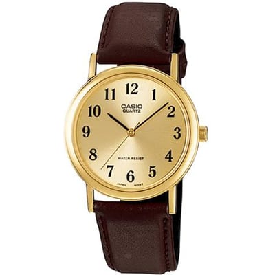 Casio STANDARD serie, eenvoudig, modieus, zakelijk en casual, klassieke wijzers, digitale weergave, waterdicht, kwartsuurwerk, leer MTP-1095Q-9B1 goud