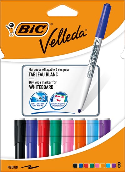 BIC Velleda - Whiteboardmarker - Whiteboard Stiften voor Wisborden - Whiteboard Markers met Dunne Schuine Punt - 8 stuks