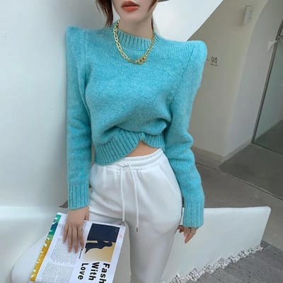 Korte Trui Dames Mode Gebreide Trui Pullover Truien Herfst Winter Nieuwe Mode Lange Mouw Casual Tops Dames Breigoed Kleding S blue