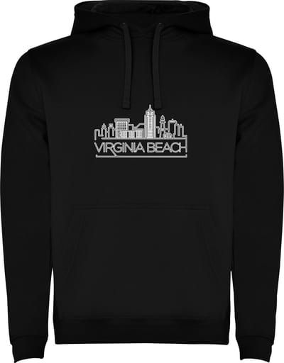 Zwarte unisex hoodie met “ Skyline Virginia Beach – Vakantiegevoel – Strak – Modern “ Print Full Color Color merk Roly maat S