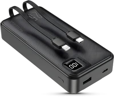Zentavo® Powerbank 20.000 mAh – 22.5W Snelladen – 2 geïntegreerde kabels (USB‑C & Lightning) – LED – Zwart