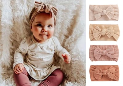 4 Stuks Baby Haarbandjes met Strik – Zachte Elastische Haarbanden – Aardetinten Beige/Zand/Roestbruin – 0-3 Jaar