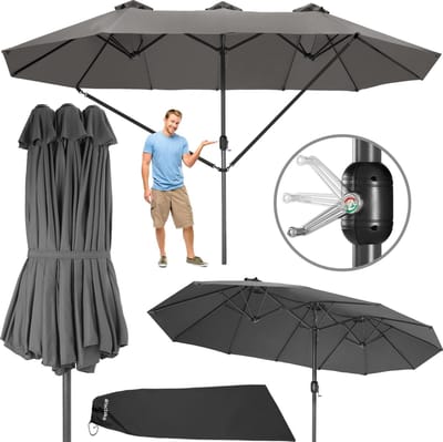 tectake® Dubbele Parasol met Zwengel - 460 x 270 cm - Grote Aluminium Parasol met UV50+ Zonwering - XXL Rechthoekige Tuinparasol - Vrijstaand als Terrasoverkapping of Marktparasol - Grijs